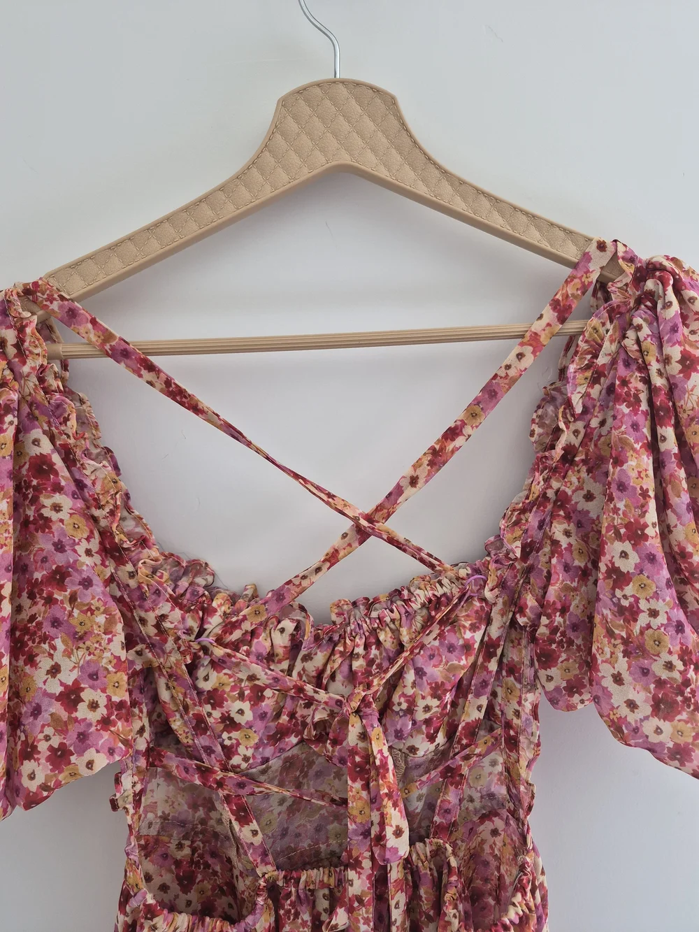 For Love & Lemons Felicia Pink Floral Puff Sleeve Midi Dress Slit Size Small S